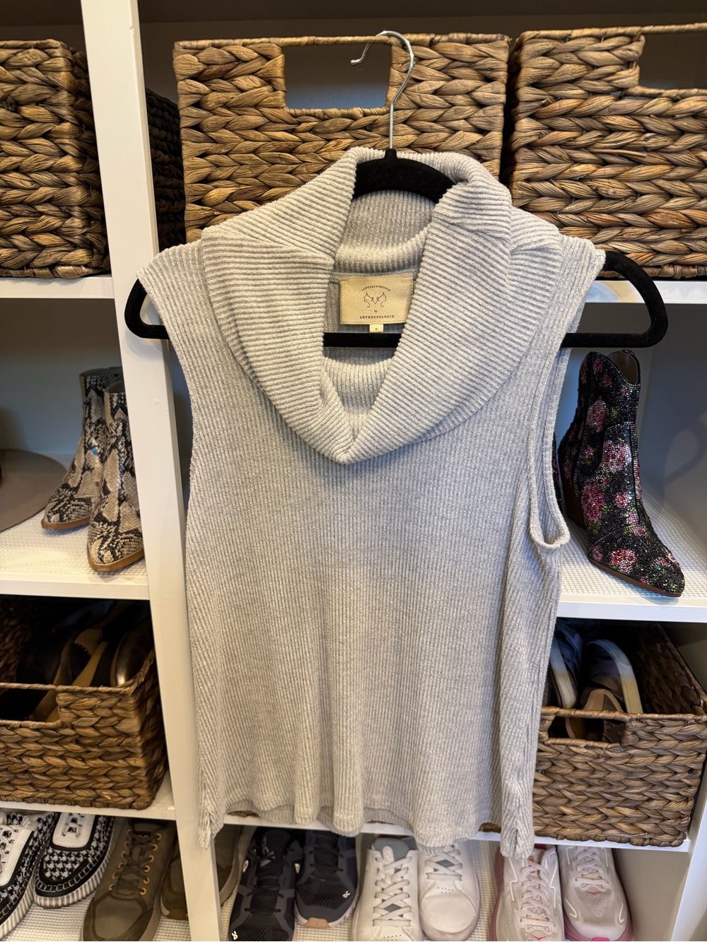 Anthropologie Light Gray Sleeveless Cowl Neck Ribbed Sweater